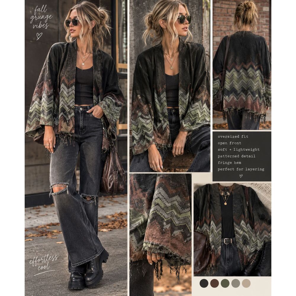 NWT Ashley Stewart Brown Fringe Shawl Cardigan Boho Western Cowgirl Grungecore